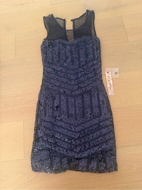 As U Wish Navy Sequin Mesh Mini Dress